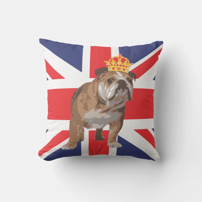 English Bulldog with Crown and Union Jack Pillow (Front)