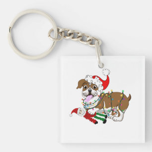 English Bulldog With Xmas Lights Key Ring