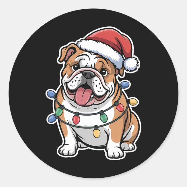 English Bulldog Wrapped In Christmas Lights  Classic Round Sticker (Front)