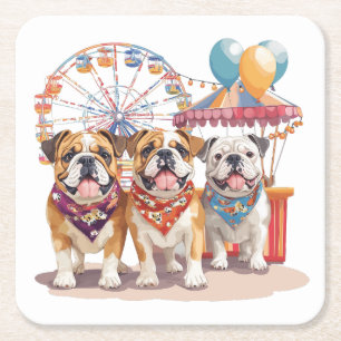 English Bulldogs At A Carnival  Square Paper Coaster