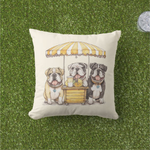English Bulldogs Running A Lemonade Stand Cushion