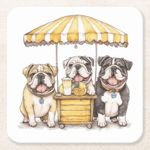 English Bulldogs Running A Lemonade Stand Square Paper Coaster