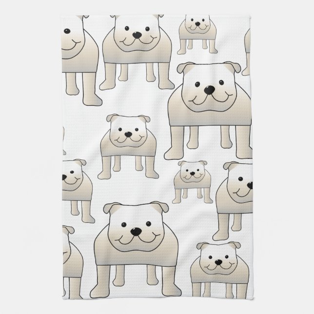English Bulldogs, White. Dogs Pattern. Tea Towel (Vertical)