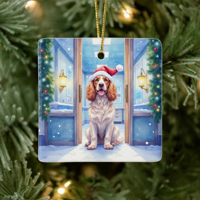 English Cocker Spaniel Nurse Station Santa Hat Ceramic Ornament (Tree)