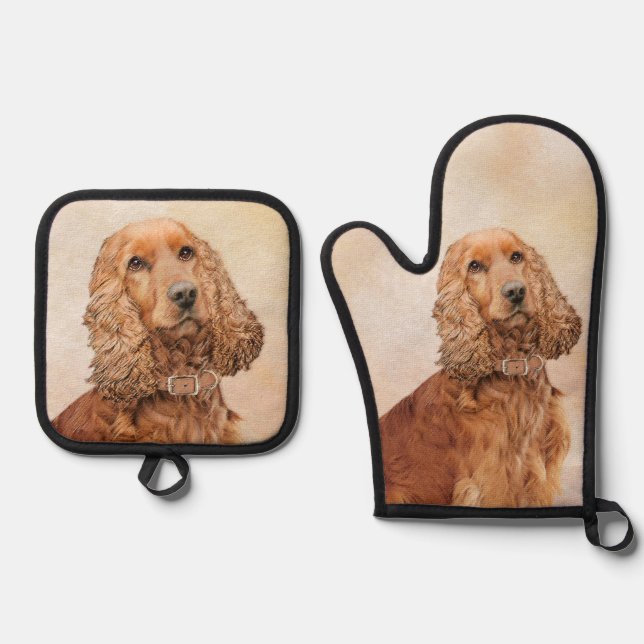 English Cocker Spaniel Painting Original Dog Art Oven Mitt & Pot Holder Set (Front)