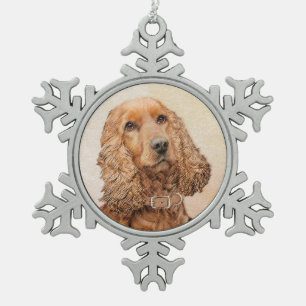 English Cocker Spaniel Painting - Original Dog Art Snowflake Pewter Christmas Ornament
