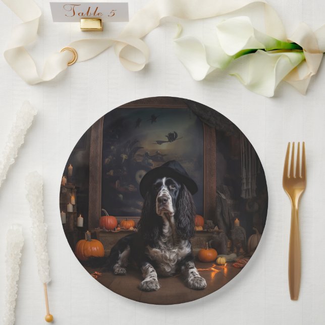 English Cocker Spaniel Pumpkins Halloween Scary  Paper Plate (Wedding)