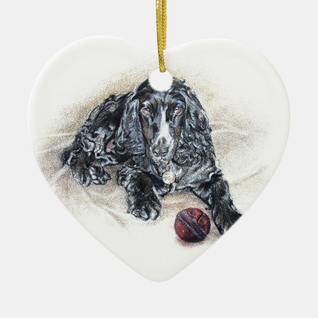 English Cocker Spaniel with Cricket Ball painting Ceramic Tree Decoration (Front)