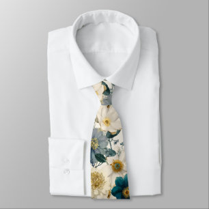 English Cottage Garden Blue And Cream Floral  Tie