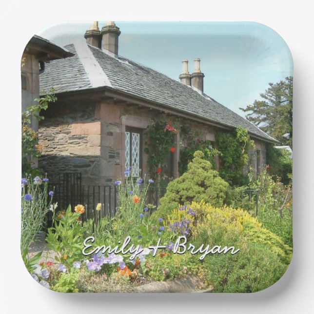 English Cottage II with Flower Garden Photography Paper Plate (Front)