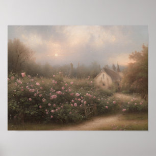 English cottage rose garden - vintage art poster