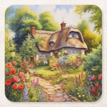 English Cottage Square Paper Coaster<br><div class="desc">A Watercolour English cottage with garden</div>