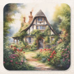 English Cottage Square Paper Coaster<br><div class="desc">A Watercolour English cottage with garden</div>