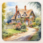 English Cottage Square Paper Coaster<br><div class="desc">A Watercolour English cottage with garden</div>