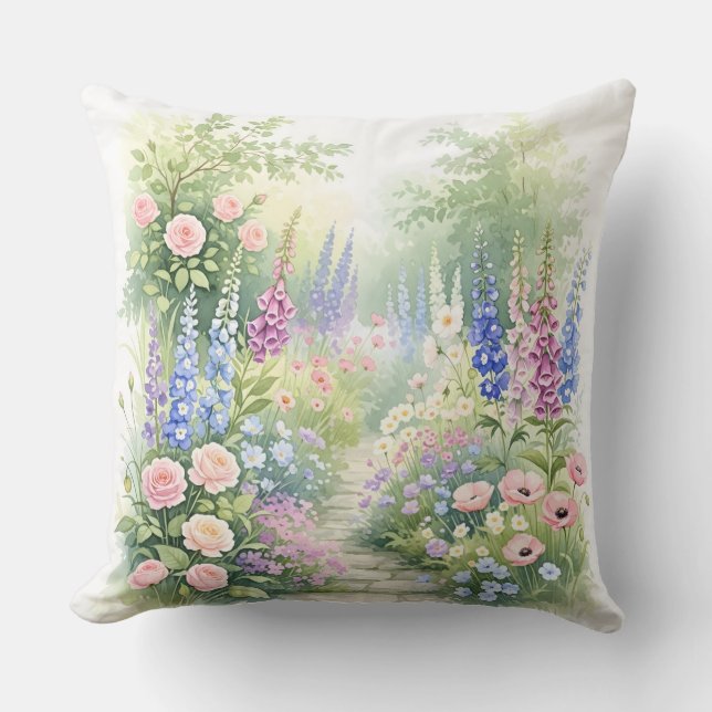 English Country Garden Path Watercolor Floral Cushion (Front)