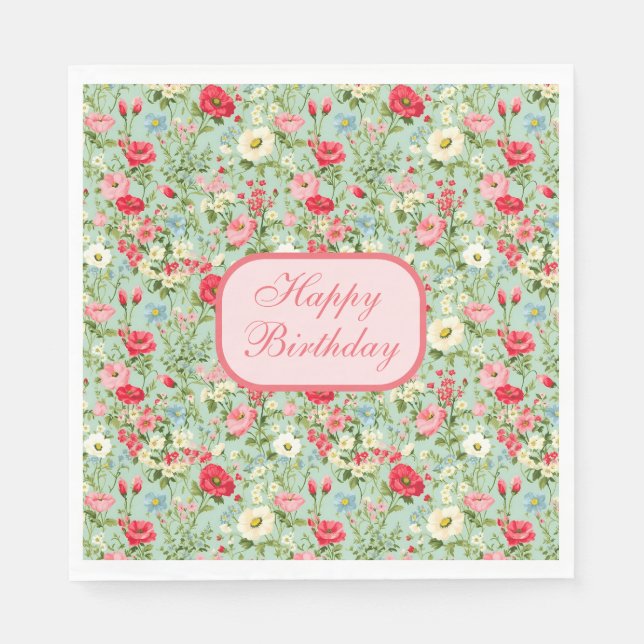 English Country Wildflower Happy Birthday Napkins (Front)