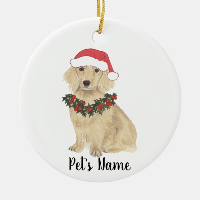English Cream Dachshund Santa Christmas Ceramic Tree Decoration (Front)
