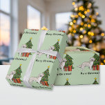 English Cream Golden Retriever And Christmas Tree Wrapping Paper<br><div class="desc">Destei's original cartoon illustration of a cute English cream coat colour Golden Retriever breed dog. The dog is standing by a festive Christmas tree decorated with red and yellow ornaments, a white pearl garland and a yellow star that is placed on the top of the tree. There are also two...</div>