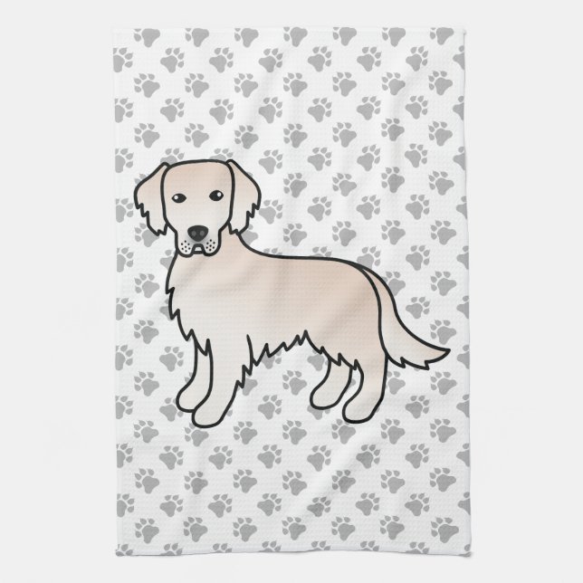 English Cream Golden Retriever Cartoon Dog & Paws Tea Towel (Vertical)