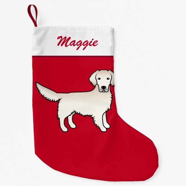 English Cream Golden Retriever Dog On Red & Name Small Christmas Stocking (Front)