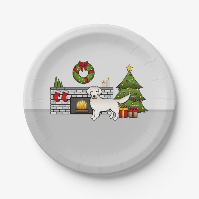 English Cream Golden Retriever In A Christmas Room Paper Plate (Front)