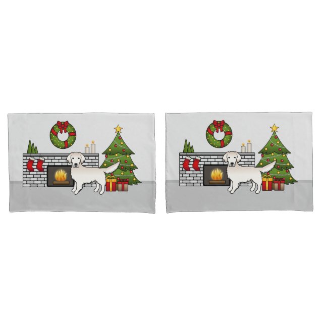 English Cream Golden Retriever In A Christmas Room Pillowcase (Front-Set)