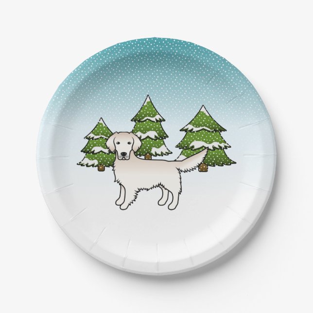 English Cream Golden Retriever In Winter & Trees Paper Plate (Front)