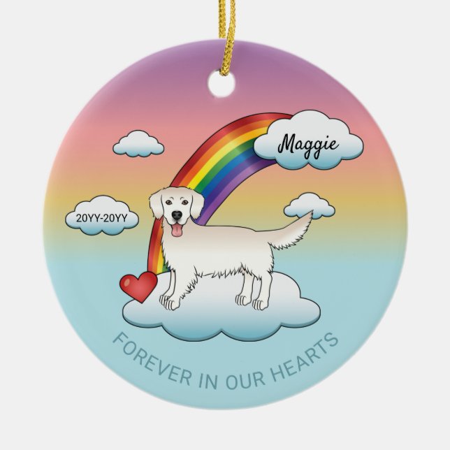 English Cream Golden Retriever Rainbow Memorial Ceramic Tree Decoration (Front)