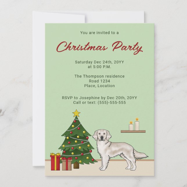 English Cream Golden Retriever With Christmas Tree Invitation (Front)