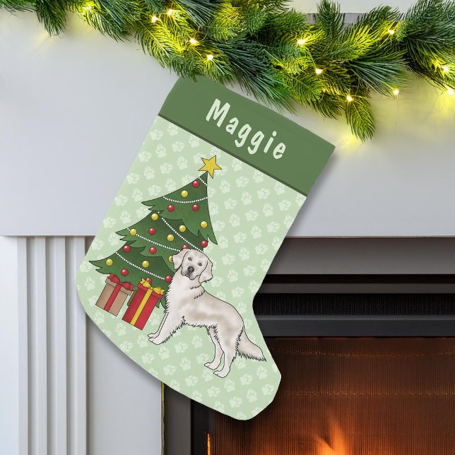 English Cream Golden Retriever With Christmas Tree Small Christmas Stocking (Creator Uploaded)