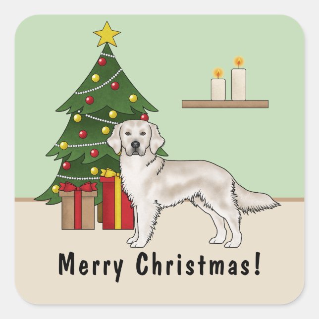 English Cream Golden Retriever With Christmas Tree Square Sticker (Front)