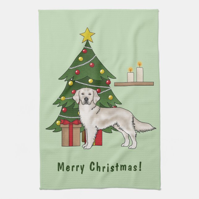 English Cream Golden Retriever With Christmas Tree Tea Towel (Vertical)