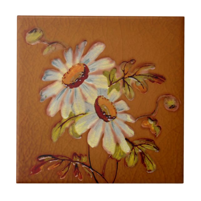 English Daises on Clay Color Barbotine Repro c1900 Tile (Front)