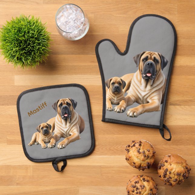 English Dogge Mastiff with Child Oven Mitt & Pot Holder Set (Top Down)