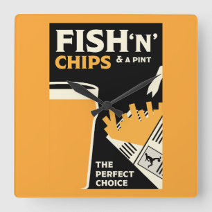 English Fish And Chips       Square Wall Clock