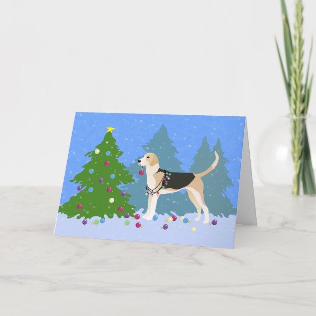 English Foxhound decorating Christmas Tree-forest Holiday Card (Front)