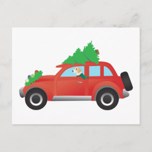 English foxhound dog driving car w/ Christmas tree Holiday Postcard