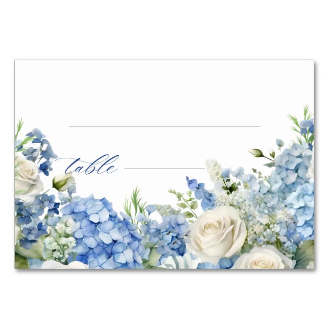 English Garden Blue Hydrangea White Roses Party Table Number (Front)