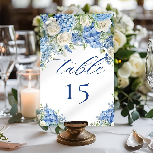 English Garden Blue Hydrangea White Roses Wedding Table Number (Creator Uploaded)