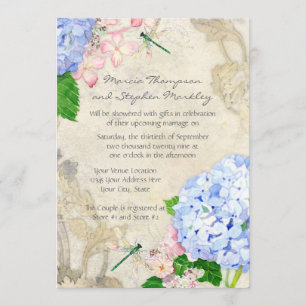 English Garden, Blue n Pink Hydrangeas Watercolor Invitation