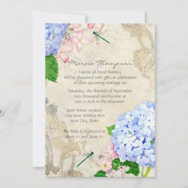 English Garden, Blue n Pink Hydrangeas Watercolor Invitation (Front)