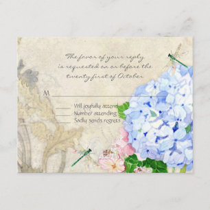 English Garden, Blue n Pink Hydrangeas Watercolor RSVP Card