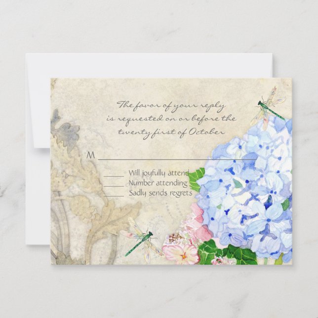 English Garden, Blue n Pink Hydrangeas Watercolor RSVP Card (Front)