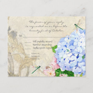 English Garden, Blue n Pink Hydrangeas Watercolor RSVP Card
