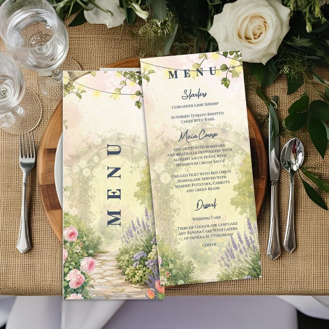 English Garden Floral Wedding Reception Dinner Menu (English Garden Wedding Menu | Watercolor Floral Arbor Reception Menu Card)