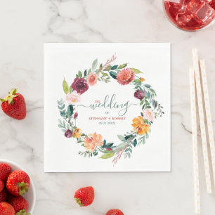 English Garden Flowers Wreath Custom Wedding Text Napkin