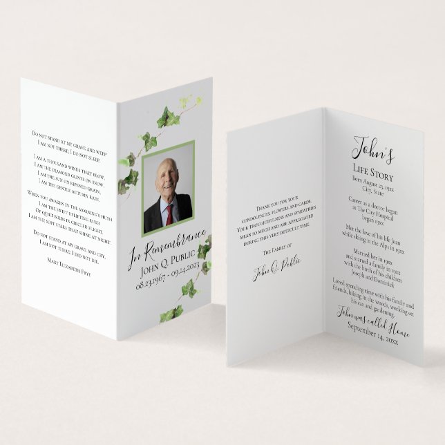 English Ivy Vine Greenery Funeral Memorial Prayer Business Card (Inside and Outside)