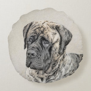 English Mastiff (Brindle) Painting - Original Dog Round Cushion