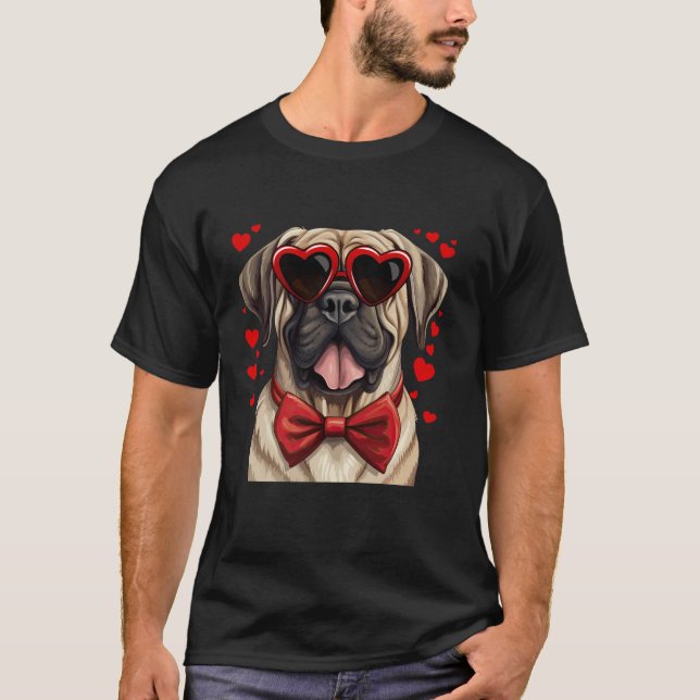 English Mastiff Dog Hearts Sunglasses Bow Tie Vale T-Shirt (Front)