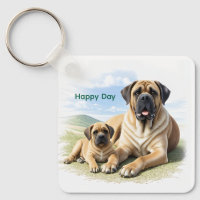 English Mastiff with child on vacation